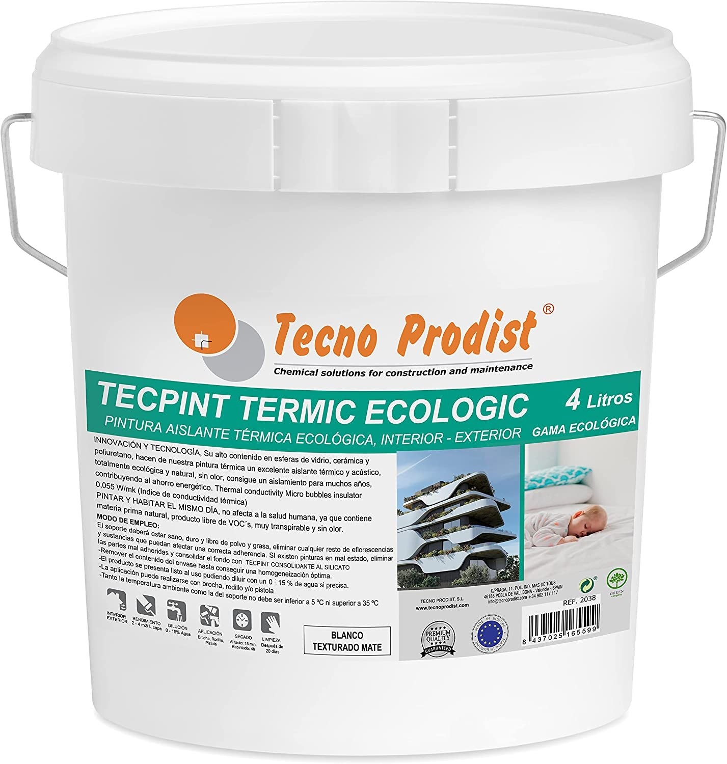 TECPINT TERMIC ECOLOGIC de Tecno Prodist - Pintura a la cal, aislante  térmico y acústico, interior - exterior, transpirable - Blanco - 4 Litros